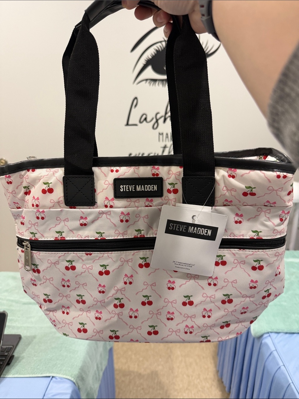 Steve Madden White Cherry Print Tote with Black Handles